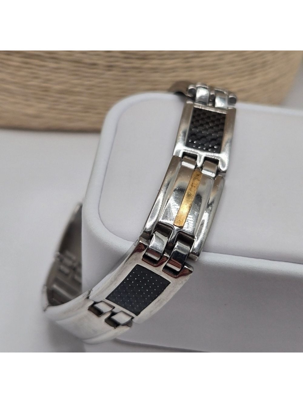 Alpine Men's Bracelet Stainless Steel Black Carbon 18K GP 3-Tone Signed
